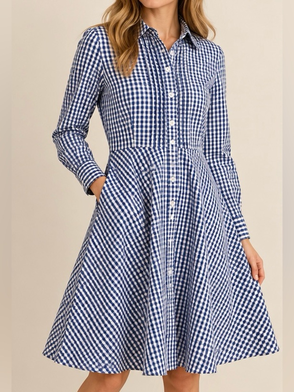 Cremieux Blue & White Gingham Button Front Fit & Flare Shirt Dress Size 12